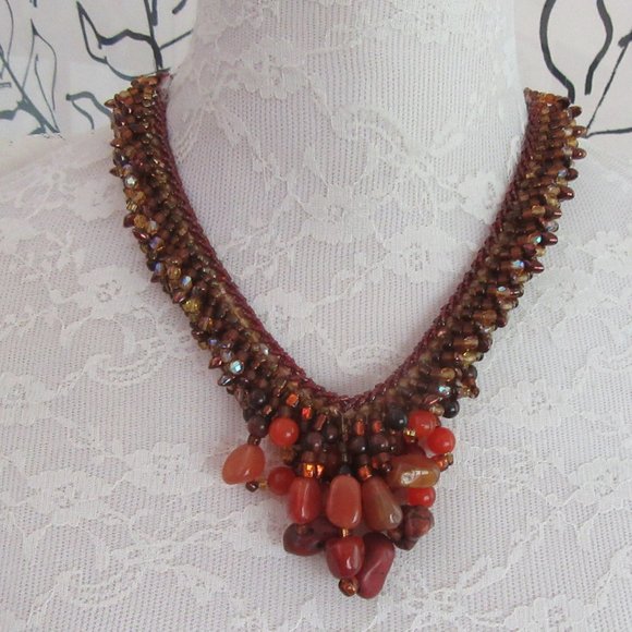 Carnelian, jasper & beads necklace & earrings in copper setting - 1980s - Picture 3 of 9